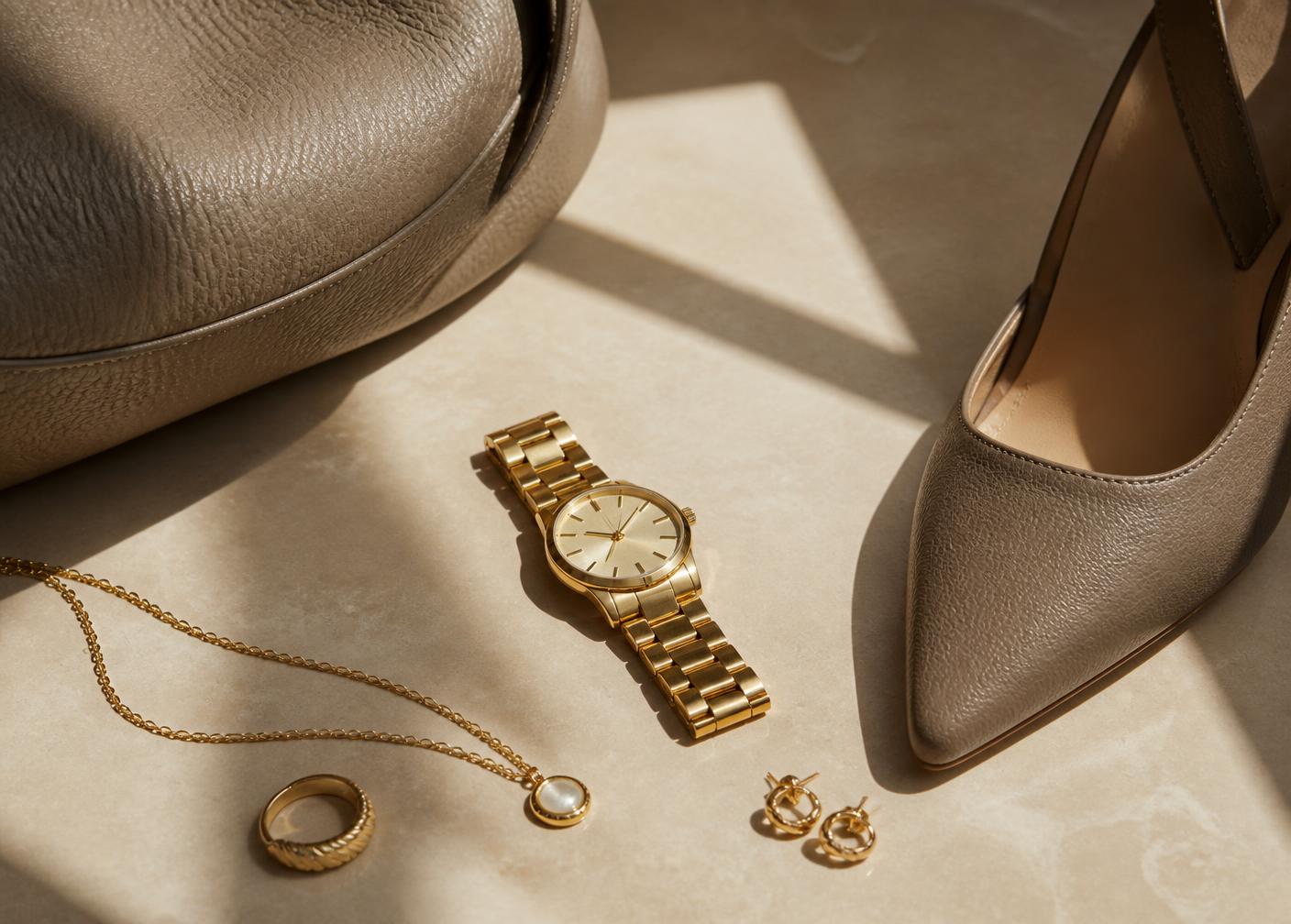 Luxury watch, jewellery, handbag and heel on a stone surface